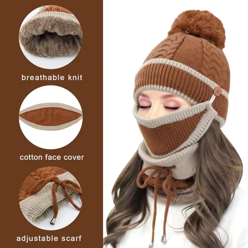Vista 4 de Gorro de punto de invierno con bufanda y cubierta facial, guantes de pantalla táctil para mujer, gorro de calavera con pompón y forro polar