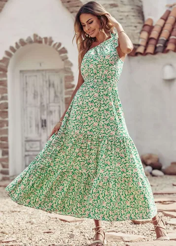 Vista 5 de PRETTYGARDEN Vestido largo floral de verano para mujer, de un hombro descubierto, con nudo, volantes, bohemio, para playa, vacaciones, boda, invitada