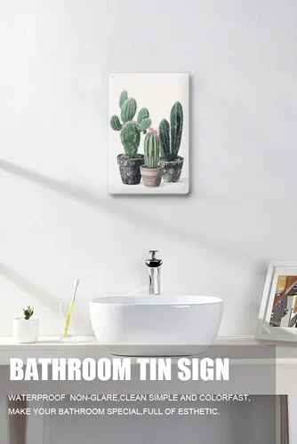 Vista 4 de Zomyto Cartel de hojalata de cactus para decoración de pared, diseño de cactus con flores en maceta mexicana, decoración de baño, pintura bohemia