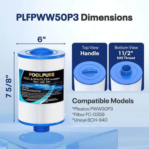 Vista 2 de POOLPURE PWW50P3 Filtro de Spa de Reemplazo para Unicel 6CH-940, 817-0050, Filbur FC-0359, 25252, 378902, 03FIL1400, Filtro de Bañera de Hidromasaje