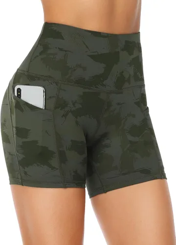 Vista 4 de Oalka Pantalones cortos de yoga para mujer, con bolsillos laterales, cintura alta, para entrenamiento, correr, deportes, 4 pulgadas