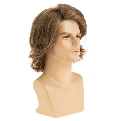 Vista 3 de Pelucas cortas onduladas marrones para hombres, sintéticas, resistentes al calor, esponjosas, para Halloween, cosplay, peluca Marrón claro
