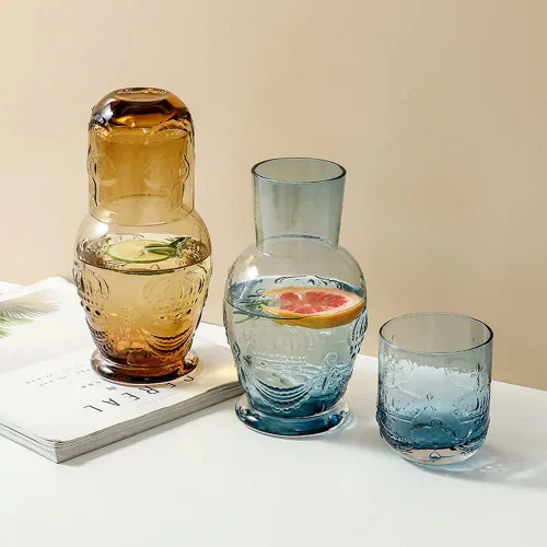 Vista 5 de Retro Crown Relief - Jarra de agua de noche de cristal transparente con vaso, jarra y taza de noche