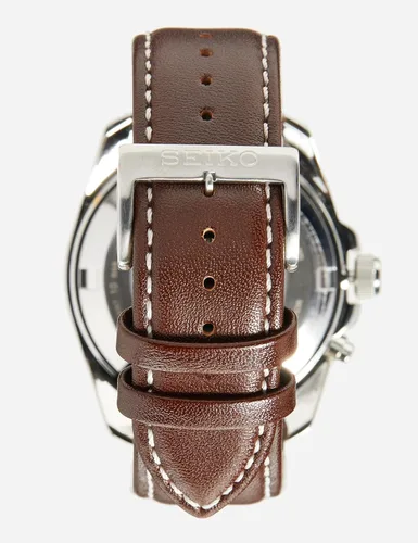 Vista 4 de SEIKO Reloj cinético de acero inoxidable para hombre con correa de cuero, marrón, 22 (modelo SKA791P1), Verde, Correa