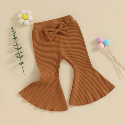 Vista 5 de Pantalones acampanados para bebé niña, color sólido, acanalados, con volantes, pantalones acampanados