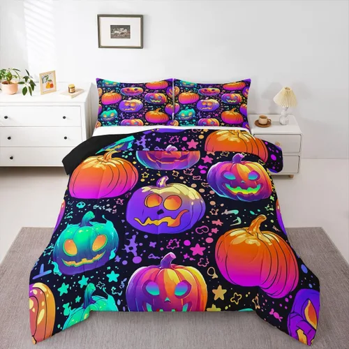 Vista 11 de Erosebridal Ropa de cama de Halloween para niños y niñas, juego de edredón espeluznante de dibujos animados, tamaño individual, relleno de edredón
