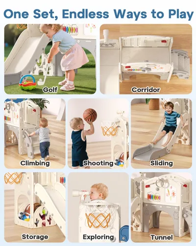 Vista 5 de BIERUM Juego de Tobogán para Niños Pequeños, 13 en 1, Tobogán Interior para Niños Pequeños de 1-3 años, Juego de Tobogán para Interiores y Crema