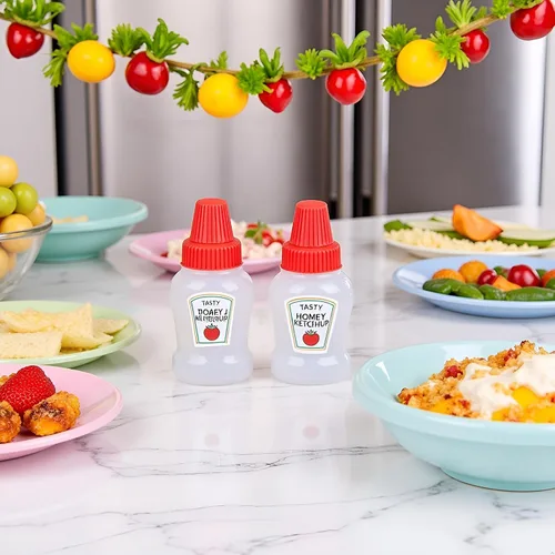 Vista 3 de 4 mini botellas de ketchup para accesorios de caja Bento, mini botellas exprimibles de condimentos, dispensadores de aderezos de ensalada de miel