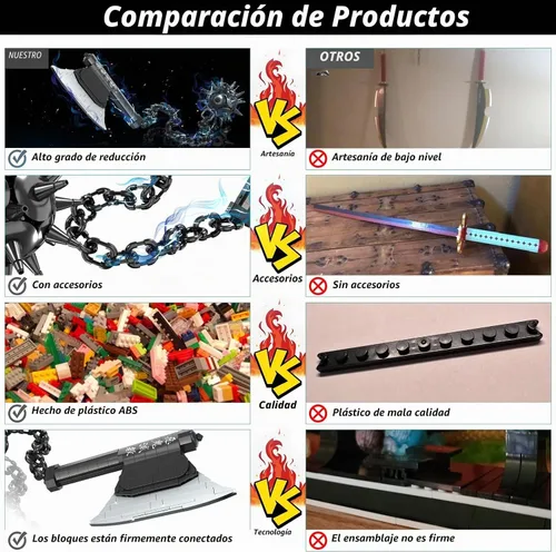 Vista 6 de HIGH GODO Demon Anime Sword Building Set, Kit de Bloques de Hacha y Martillo Meteoro de 43 Pulgadas, Set de Bloques de Construcción de Armas