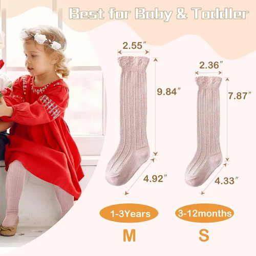 Vista 5 de Zando Calcetines altos hasta la rodilla para bebés recién nacidos, calcetines de algodón con volantes, calcetines largos cálidos para niñas y niños