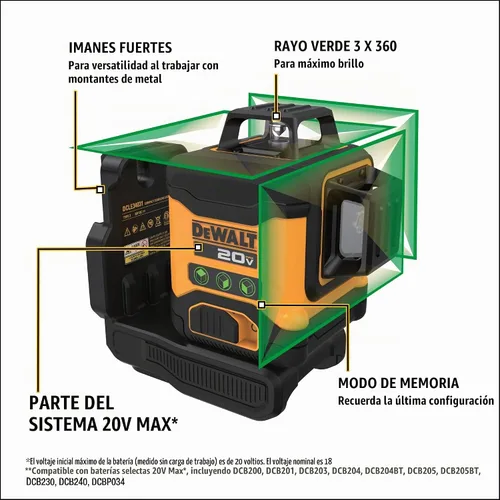 Vista 3 de DEWALT Nivel láser máximo de 20 V, láser de línea cruzada, 3X360, verde, solo herramienta (DCLE34031B)