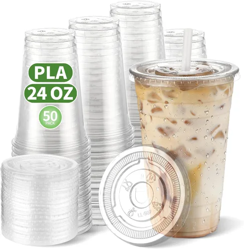 Vista 7 de Tazas de café helado desechables de plástico transparente compostable de 12 onzas con tapas planas, tazas biodegradables para beber frío para llevar