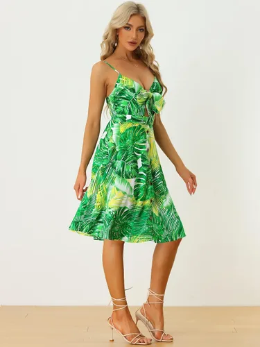 Vista 4 de Allegra K Vestido de tirantes con nudo para mujer, estampado tropical, sin mangas, con nudo frontal