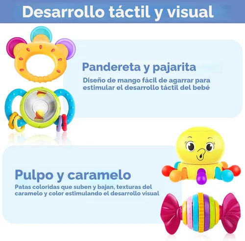 Vista 4 de iPlay, iLearn Juego de 10 sonajeros para bebés, juguetes, sonajero fácil de agarrar y sacudir, mordedor sensorial, juguete musical de aprendizaje