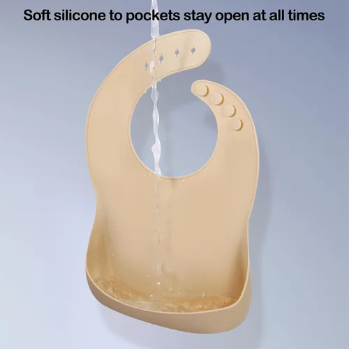 Vista 5 de Eascrozn Juego de 3 baberos de silicona para bebés y niños pequeños, sin BPA, suaves y ajustables impermeables para alimentos esenciales