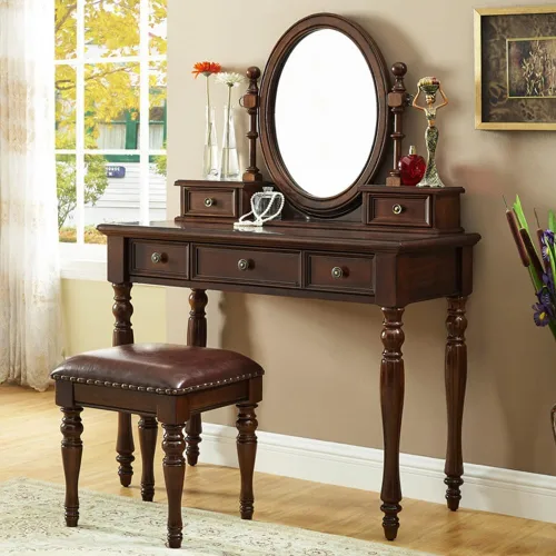 Vista 2 de Vintage Vanity Desk with Adjustable Angle Mirror, 39.4 in Wooden Makeup Dressing Table Set for Bedroom with 5 Drawers, Cushioned Stool