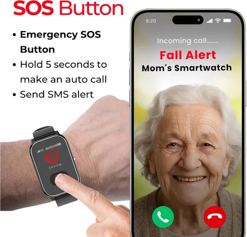 Vista 3 de Seculife Reloj inteligente de alerta médica celular para personas mayores con detección de caídas, seguimiento GPS, botón SOS, monitor de frecuencia