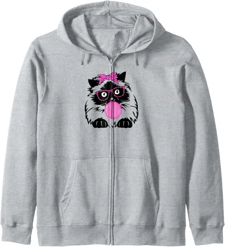 Vista 3 de Sudadera con capucha con cremallera y diseño de gato del Himalaya, Negro