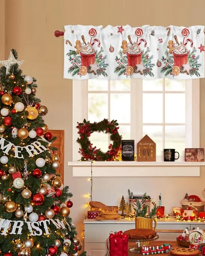 Vista 3 de Cenefas de Navidad para ventanas, con bastón de caramelo de jengibre, cortina de cocina, cenefas de Navidad, bolsillo para barra, cortina de ventana