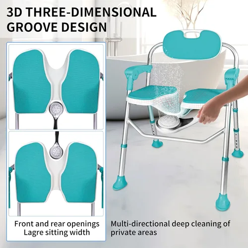 Vista 2 de Silla de ducha para ancianos y discapacitados, sillas de ducha con brazos y respaldo y cuatro ventosas, silla de ducha plegable y ajustable de 5