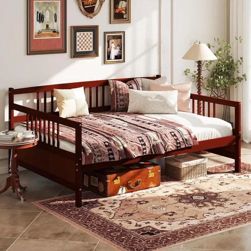 Vista 13 de Giantex - Marco de cama doble de día, sofá cama de madera con rieles y soporte de listones de madera, marco de cama de plataforma tamaño individual