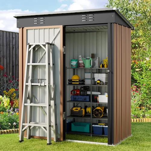 Vista 16 de Gizoon Cobertizo de almacenamiento para exteriores de 8 x 6 pies, cobertizo de jardín de metal galvanizado con puertas dobles con cerradura, Marrón