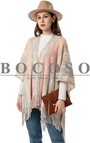 Vista 2 de Women's Knit Shawl Wraps, Knitted Poncho Cape Open Front Cardigan Sweater with Tassel for Spring Fall Winter