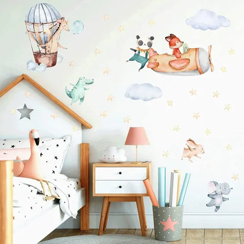 Vista 3 de TOARTI Calcomanía de pared de animales de avión, colorida calcomanía de pared para habitación de bebé, animales de dibujos animados para habitación