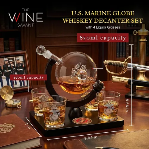 Vista 2 de U.S. Marine Globe - Juego de decantador de whisky con 4 vasos de licor, juego de regalo USMC con base de madera de caoba y emblema, regalos USMC