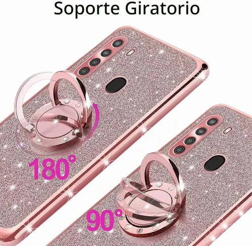 Vista 3 de Funda protectora para Samsung Galaxy A21 para mujer, con purpurina, suave, transparente, TPU de lujo, con correa de atril para A21 (rosa brillante)