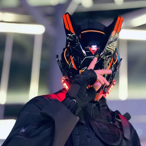 Vista 4 de Cyberpunk Máscara Mecha Casco futurista Techwear Halloween cosplay, máscara cibernética LED roja para hombres y mujeres