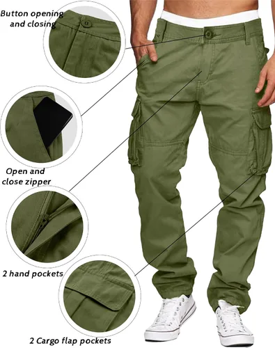 Vista 4 de LVCBL Pantalones cargo para hombre, de algodón, ajuste relajado, con múltiples bolsillos para hombre