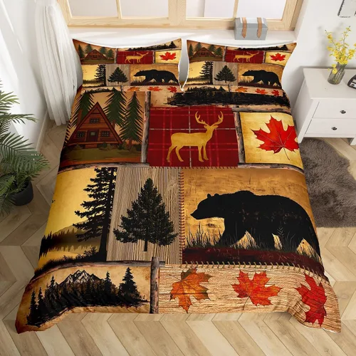 Vista 37 de Funda de edredón de cabaña marrón retro, juego de ropa de cama de retazos con diseño de oso del bosque, ciervos para cabaña rústica, funda de Multi