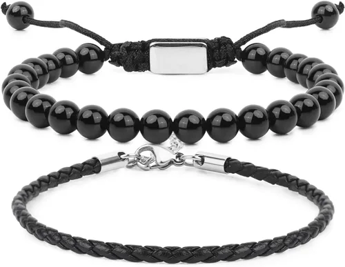 Vista 19 de Pulseras de cuentas negras para hombres y niños: 0.236 in de obsidiana ónix cuentas de lava para hombre conjunto de pulseras para hombre - Genial