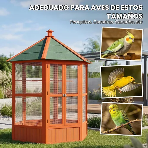 Vista 4 de Jaula para aves PawHut de 69 pulgadas, grande, hexagonal, de madera, para exteriores, con techo cubierto, color marrón