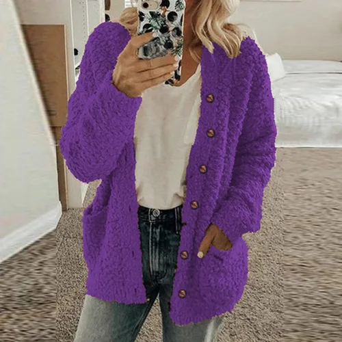 Vista 2 de Blasgw Chaqueta de forro polar mullido para mujer, con botones, con capucha, cómoda, de gran tamaño, con bolsillo
