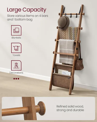 Vista 4 de VASAGLE - Escalera para manta, estante de escalera de madera de pino de 5 niveles con bolsa de piel sintética