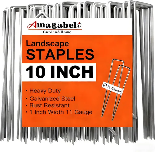 Vista 11 de AMAGABELI GARDEN & HOME Paquete de 50 grapas galvanizadas de 4 pulgadas para jardín, estacas de jardín de calibre 12, estacas de cubierta