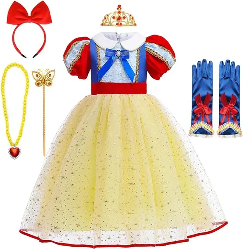 Vista 22 de MYRISAM Disfraz de princesa blanca como la nieve para niñas, Halloween, carnaval, cosplay, Navidad, cumpleaños (con accesorios para capa)