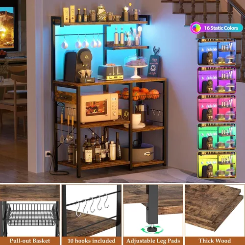 Vista 5 de Aheaplus Estante de panadería con toma de corriente y tiras de luces LED, soporte para horno de microondas, estante de almacenamiento de cocina
