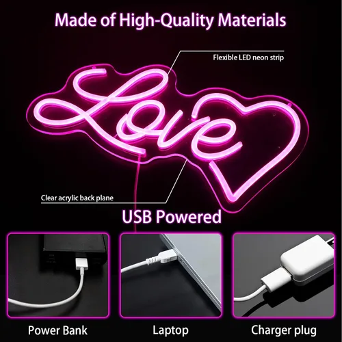 Vista 5 de ENUOLI LOVE Letrero de Neón, Letreros de Neón Luminosos Love para Pared de Habitación, Letrero Love Alimentado por USB, Letreros de Neón de Corazón