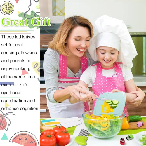 Vista 7 de Juego de cuchillos para niños, juego de cuchillos seguros para niños pequeños, cuchillos seguros para cocina real, bordes dentados, utensilios