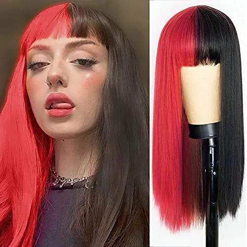 Vista 2 de Kaneles Pelucas largas medio rojas mitad negras con flequillo recto Halloween Cosplay mujeres pelucas de pelo sintético