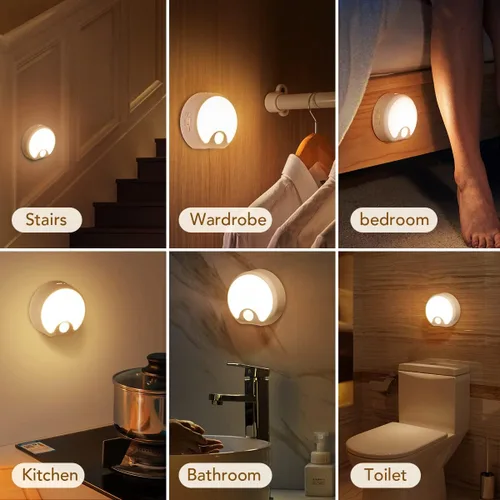 Vista 3 de Luz nocturna LED con sensor de movimiento para interiores, funciona con pilas, luces inalámbricas para inodoro, escaleras, armario, luz adhesiva
