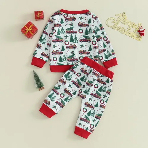 Vista 3 de SOLILOQUY Conjunto de sudadera de manga larga con estampado navideño para bebé niña y niño, 2 piezas