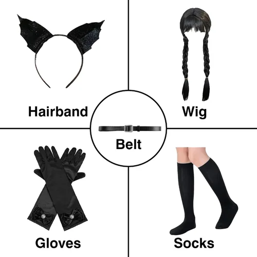 Vista 4 de cefirature Addams - Vestido de malla para niñas, disfraz, peluca, calcetines, guantes, banda para el cabello, vestido de disfraz de dibujos animados