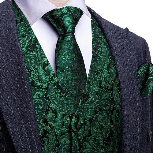 Vista 2 de Barry.Wang Chaleco de traje para hombre formalocio Paisley Jacquard seda corbata bolsillo cuadrado chaleco conjunto boda 5PCS