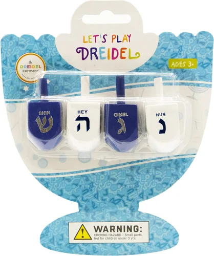 Vista 2 de The Dreidel Company Dreidels de Hanukkah de madera maciza azul y blanco, pintados a mano con transliteración en inglés, incluye tarjetas