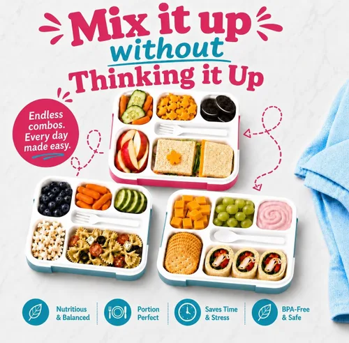 Vista 5 de Bento - Juego de Lonchera para almuerzo o refrigerio, a prueba de fugas, con recipientes, para niños y adultos, libre de BPA, apto para microondas