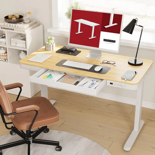 Vista 2 de SANODESK Escritorio eléctrico de una pieza ajustable en altura con cajón Textura de bambú de 48
